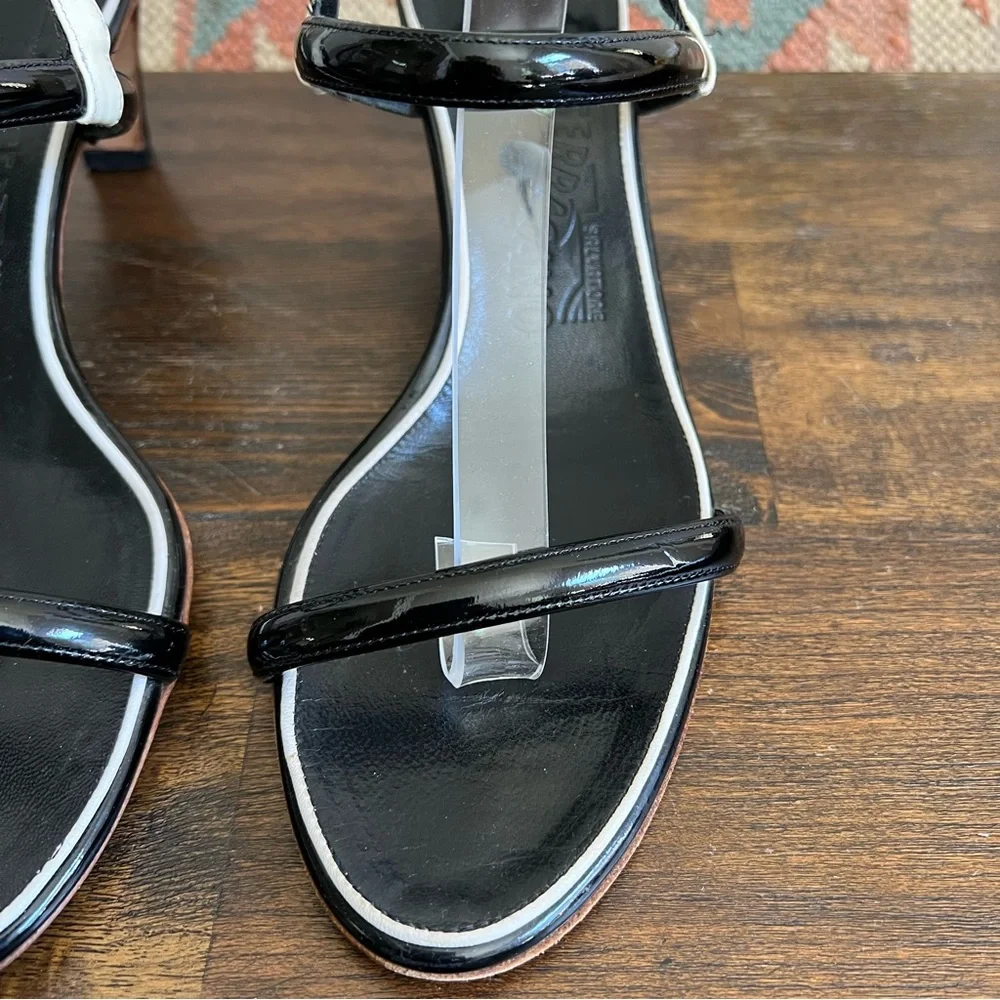 Salvatore Ferragamo Black Leather White Trim Strappy Slingback Sandals 9.5B